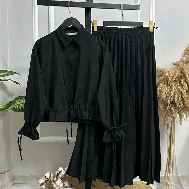 Jihan One Set Rok Plisket | Setelan Wanita Muslim Atasan Crop Rok Panjang Kulot Plisket Full Kancing Kerah Kemeja Crinkle Airflow Karet Melar 5