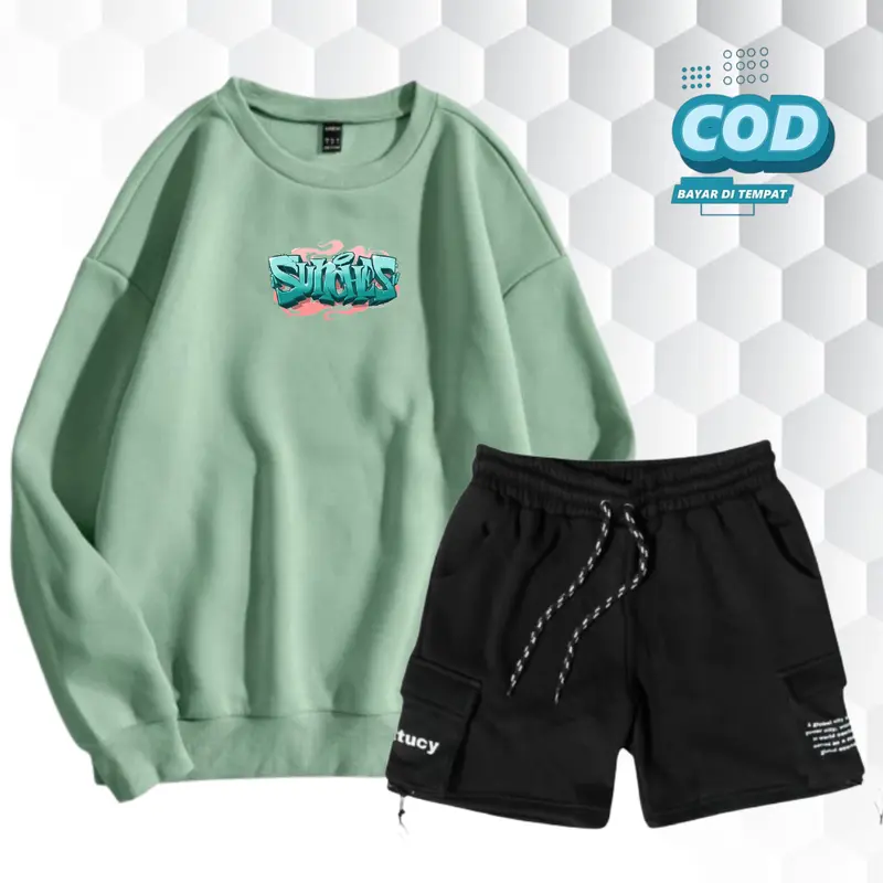 Setelan sdatu Set Crewneck Dan Celana Pendek Cargo Pria Wanita Distro Stelan Sweater Korean Style Bahan Fleece Brend Lokal Bandung Distro Size M L XL XXL Katun Polos Hitam Atasan  Dewasa outfit  cowok setelan hoodie cowok 1 set dewasa  Keren  Casual 4