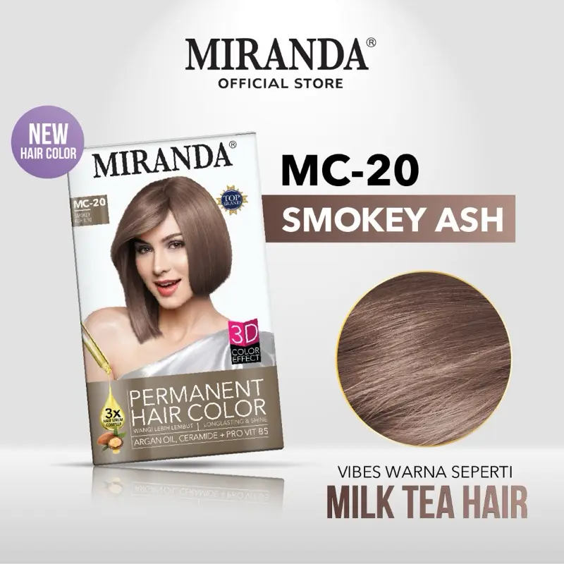 (New Color) MIRANDA Hair Color MC20 Smokey Ash (Cat Rambut Permanen) 30ml Box Brown Argan Dye Kering Pewarna semir