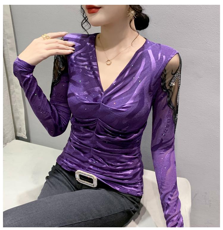 Product Introduction of FCBF-Áo lưới kim cương rỗng thời trang mới gợi cảm cổ chữ V dài tay quần lót thời trang nữ thu đông Top Voi Shirt Kem Women 8