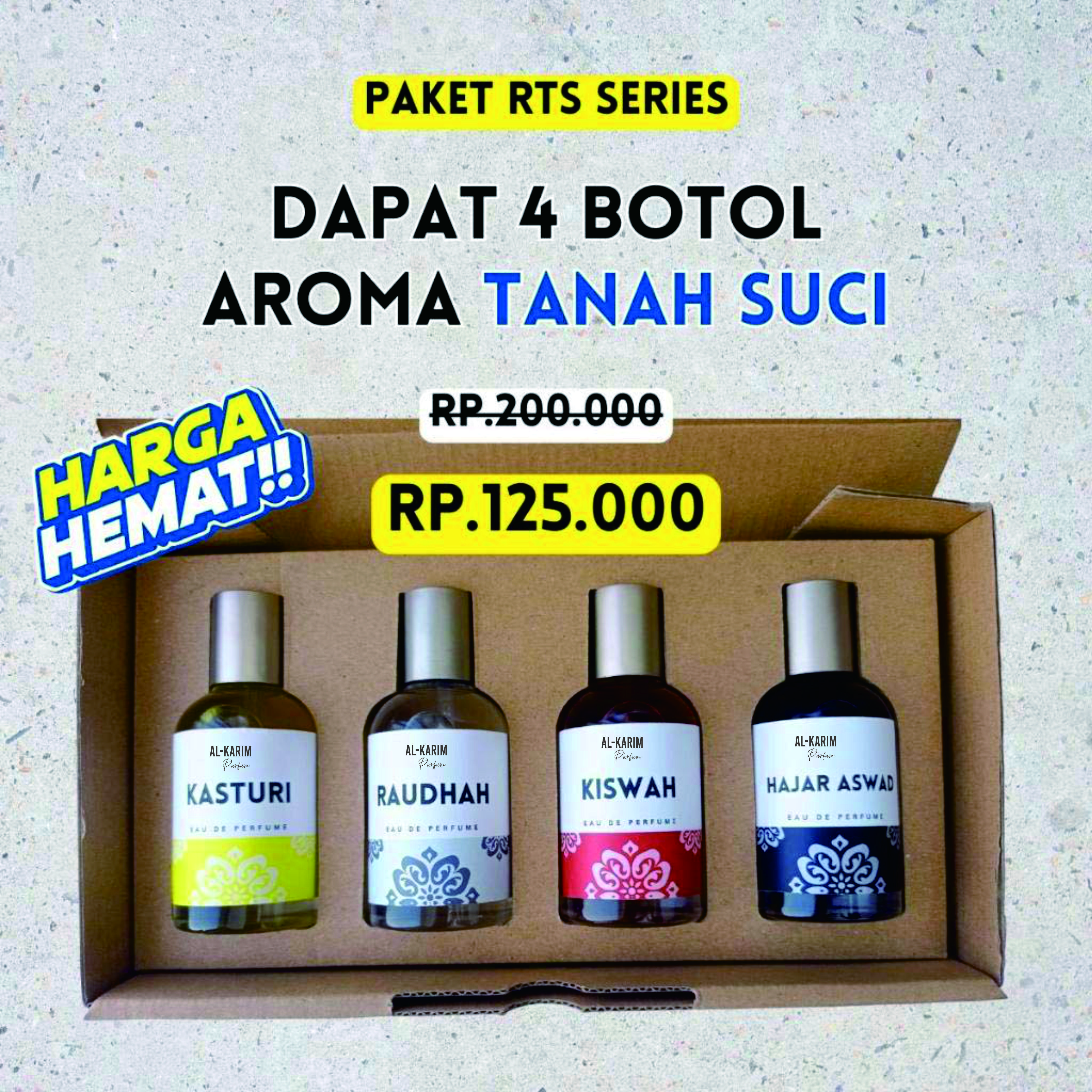Paket Parfum Rindu Tanah Suci RTS Series (4 Botol) Aroma Kasturi, Kiswah, Raudhah dan Hajar Aswad untuk Ibadah Cowok Pria