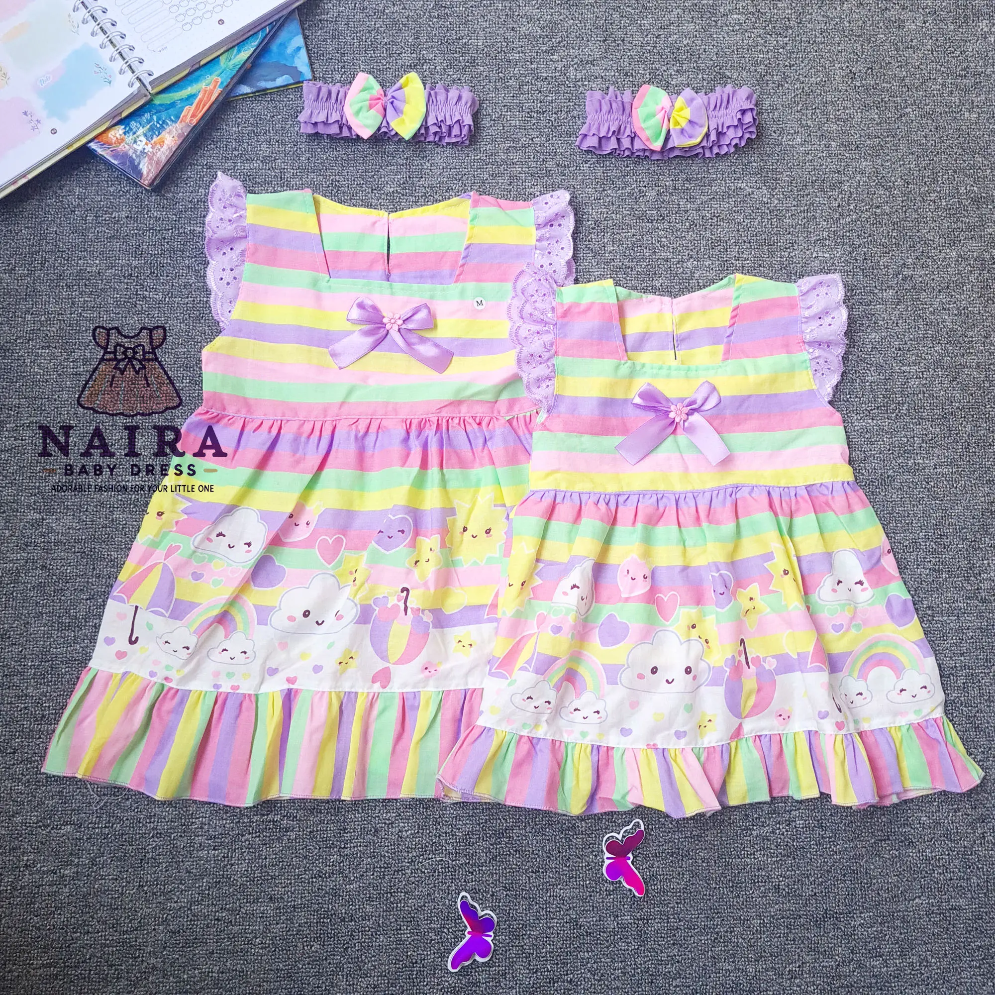 (P-005) Dress Bayi Perempuan Lucu Motif Pelangi Pita (6-18 bulan) Bonus Bandana
