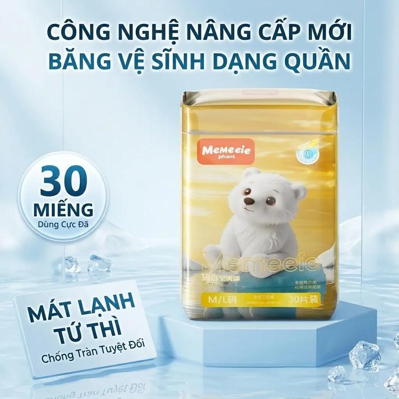 Băng vệ sinh dạng quần Memeeie lõi đá mát lạnh (30 miếng), chống tràn 360°, thoải mái suốt ngày an toàn