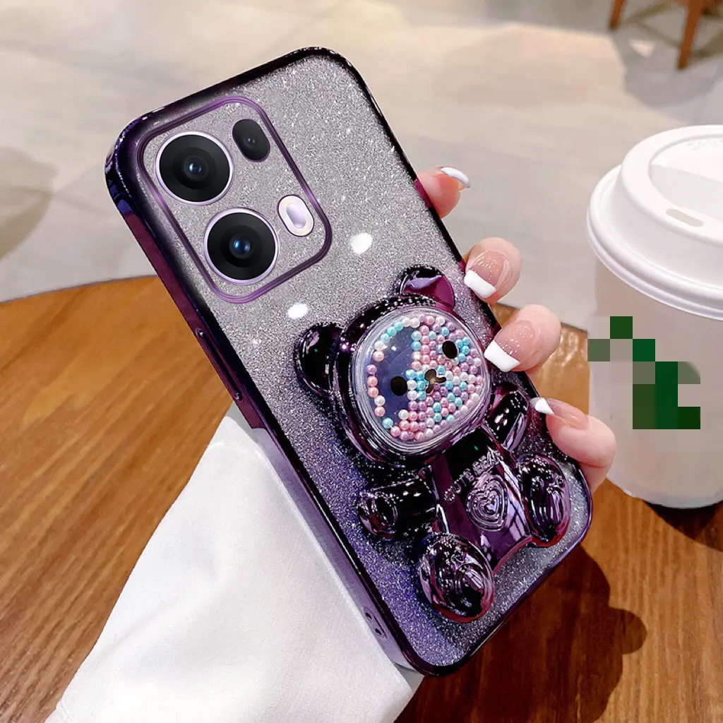 New Casing For OPPO Reno13F Reno13 Pro 5G RENO 13 Pro 13F 12F 12 PRO 11 PRO 11F 10 Pro+  Reno12 F Reno13Pro Soft Case Cute Candy Bear Bracket Bling Glitter Paper Clear Plating Lens Protect Phone Cover