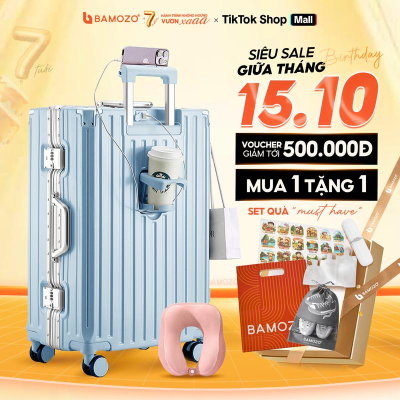 [TẶNG GỐI CHỮ U] Vali Size Lớn 28 khung nhôm Bamozo 9066 Chất Liệu PC Nguyên Khối Bền Đẹp + Bản cao cấp có khay đựng cốc + cổng sạc USB _9066