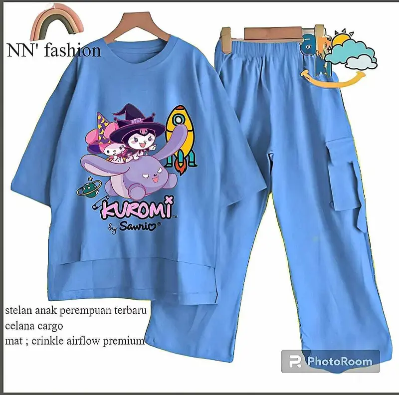 Stelan Anak Perempuan Terbaru Celana Model Cargo Skena dengan Baju Motif Kuromi Lucu Bahan Crinkle Airflow Premium - Fashion Setelan Pakaian 1