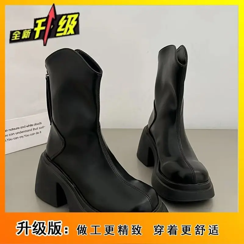 Thick sole thick heel short boots women's 2023 new autumn and winter Korean style versatile white high round toe mid-calf 8