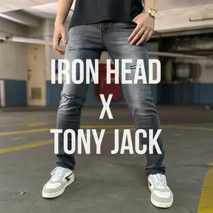 Iron Head x Tony Jack Celana Jeans Pria Osaka Denim Series Ripped Jeans Celana Jeans Sobek Medium Grey