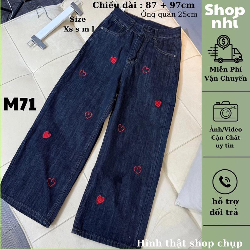Quần jean nữ ống suông rộng QC thêu nấm dài 87cm + 95cm size SML Shop Nhí ( M71 )