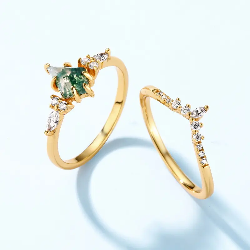 Smyoue New 6*9mm Moss Agate Ring Set for Women 10k Plated Green Moss Stone Band Wedding Party 100% Real 925 Si er Fine Jewelry