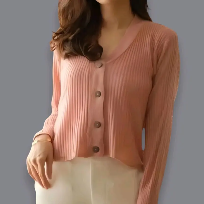 Cardigan Crop Knitwear Atasan Wanita Pakaian Rajut Kancing Nyaman 1