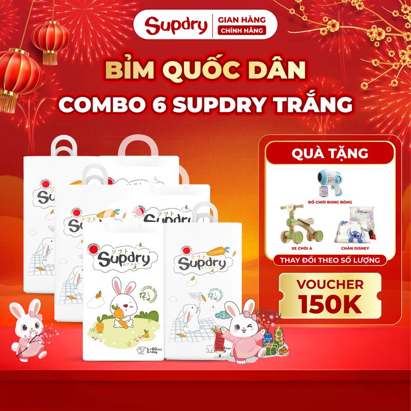   Độc quyền KOC  COMBO 6 bịch Tã Bỉm Supdry Bỉm Supdry Trắng Siêu Thấm Hút An Toàn và Khô Thoáng Cho Bé size NB S M L XL XXL XXXL XXXXL cho bé từ 4kg - hơn 20kg   + Quà tặng 