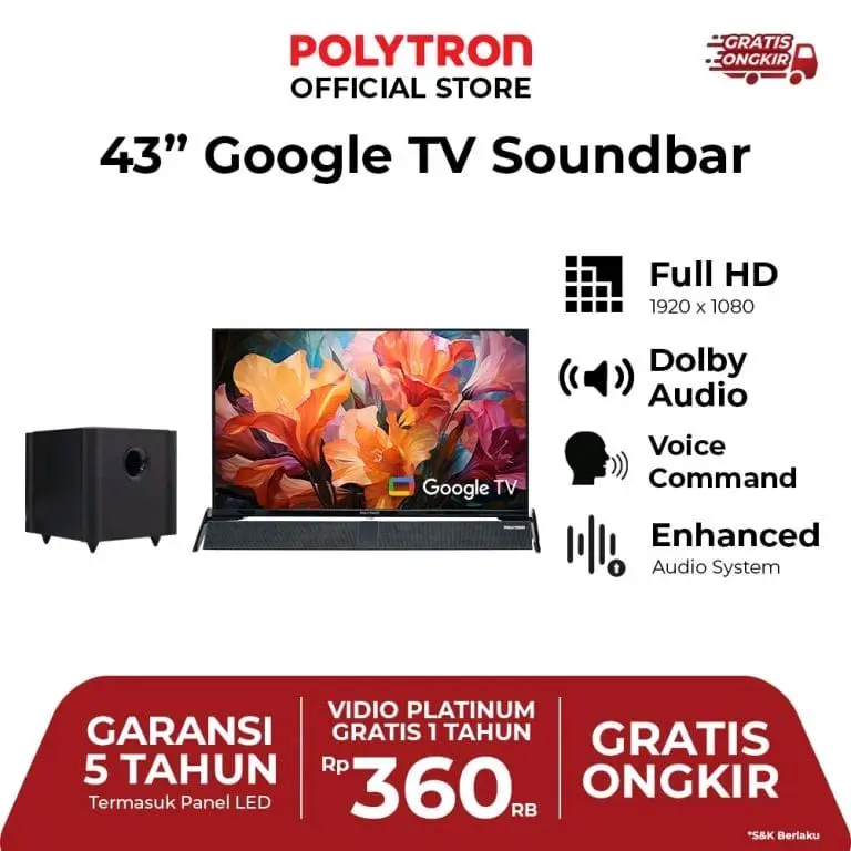 Polytron 43" Google TV Soundbar Full HD 1920x1080 dengan Dolby Audio Voice Command dan Enhanced Audio System Garansi 5 Tahun
