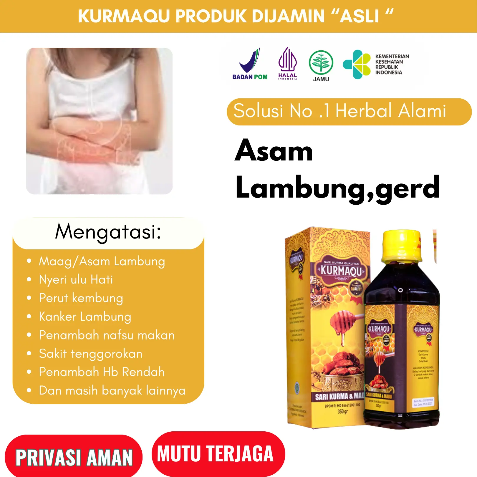 KURMAQU Herbal Maag Kronis, Asam Lambung Alami-Sari Kurma dan Madu KurmaQu Dewasa Anak Honey Syrup Gula