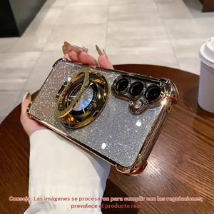 Base con brillo de cuatro esquinas con cojín de aire y soporte magnético, y una funda protectora transparente con chapado electrónico anti-caídas para varios modelos de Samsung Galaxy incluyendo A56, A55, A54, A53, A36, A35, A34, A26, A25, A16 y A15.