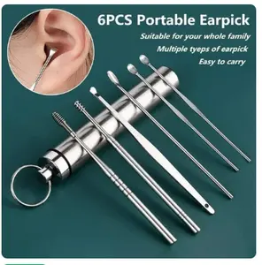 MC11-Alat pembersih telinga 6 in1 / Korek kuping stainless + wadah Kotoran