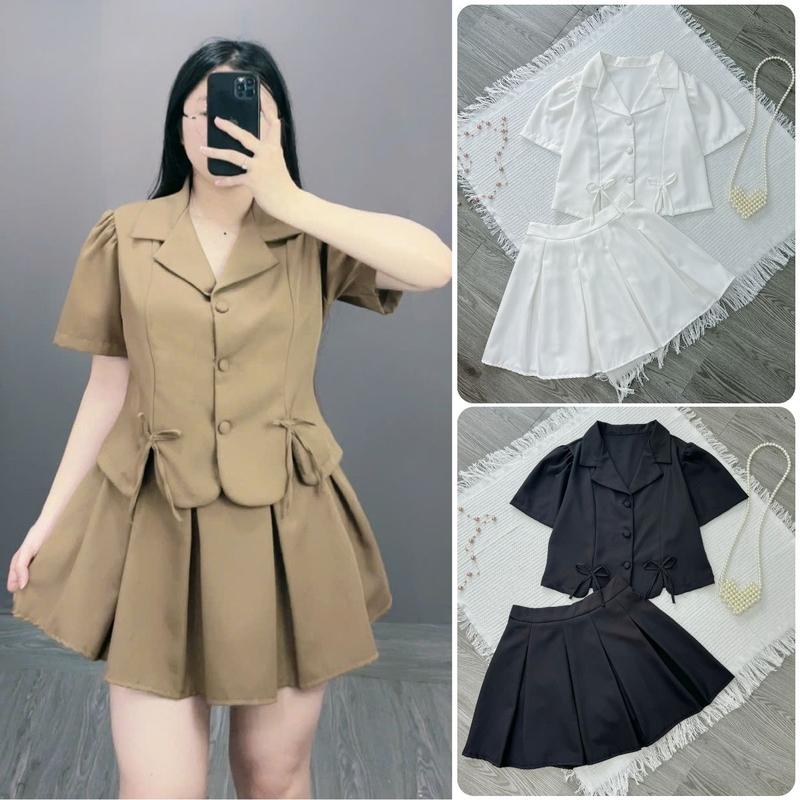 Set đồ tiểu thư bigsize nữ áo sơ mi cổ vet tay bồng kèm chân váy xếp ly dáng chữ A xòe chất vải cotton- SET72