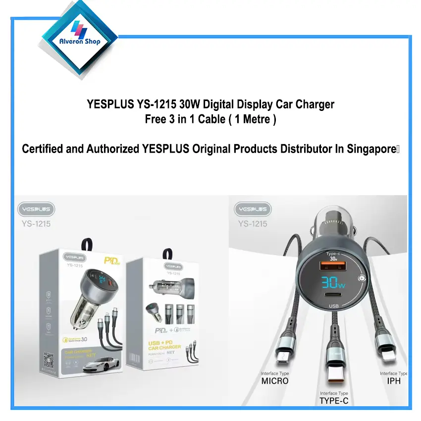 YESPLUS YS-1215 30W Digital Display Car Charger Free 3 in 1 Cable ( 1 Metre )