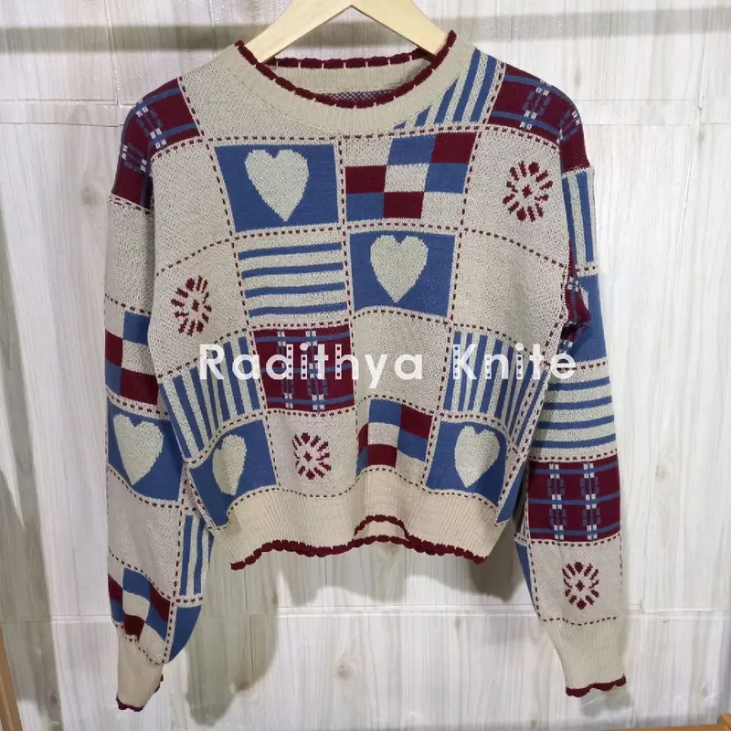 Sweater Korean Vintage - Motif Kotak-Kotak Jahitan Cinta Santai - Fit Knitwear -Korean Knite Fashion 1