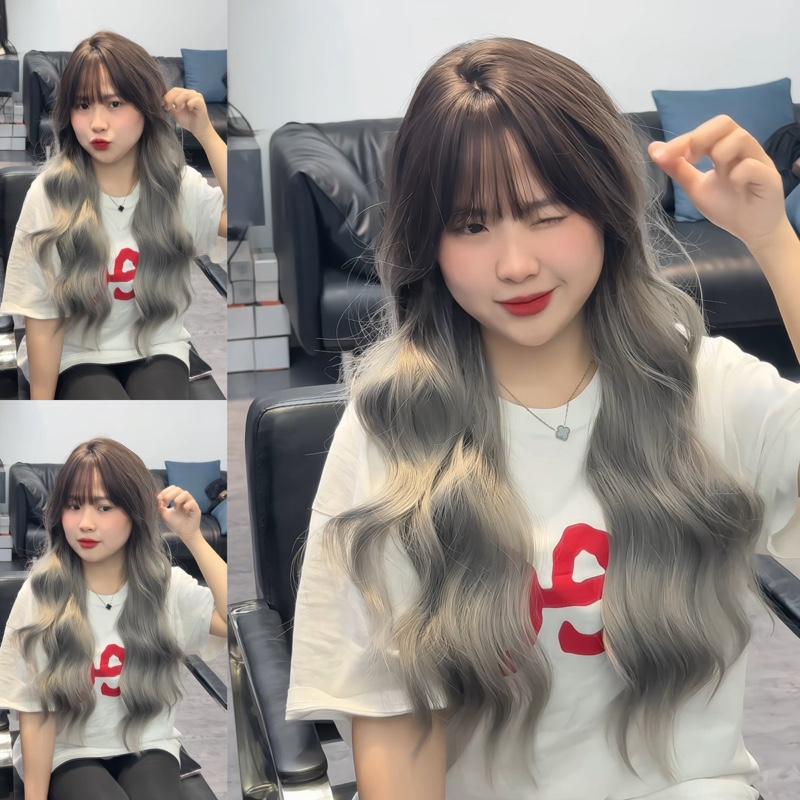 Tóc giả DJ-193 Nguyên đầu xoăn lơi ombre nâu đen ombre xám, dài 60cm, chất liệu tơ nhân tạo cao cấp