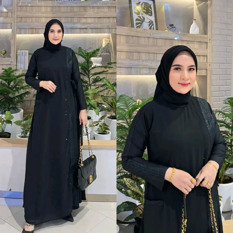 GAMIS ABAYA TURKEY CERRUTY KELILING BORDIR DEPAN BELAKANG SEAN GOLD DAN FULL HITAM 6
