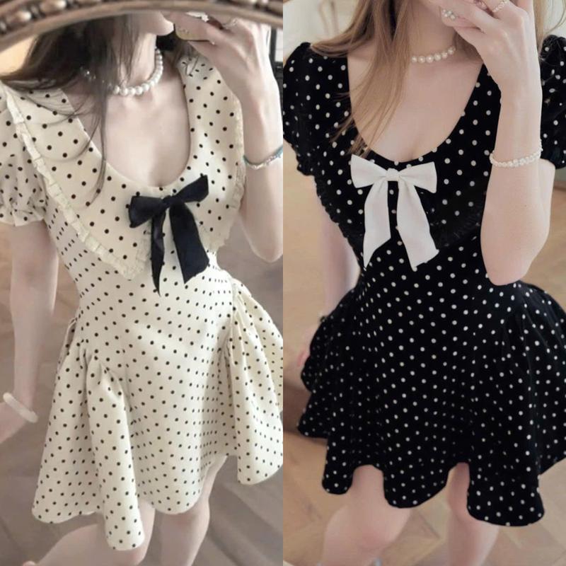 D815 (TÁO ĐỎ BIGSIZE 55-90KG) ĐẦM BIGSIZE ĐẦM CHẤM BI ĐÍNH NƠ DÁNG NGẮN