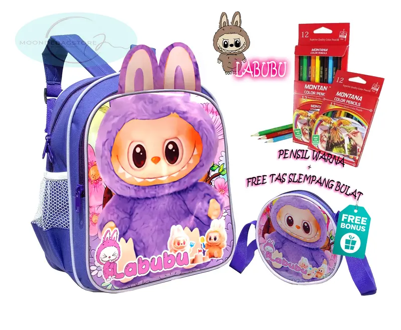 Tas Ransel LABUBU Tas Anak perempuan Sekolah PAUD TK SD  Fashion Tas Ransel 2 in 1  Karakter LABUBU FREE Tas Slempang Bulat 2