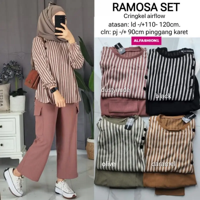 Ramosa set kombinasi salur cringkel airflow celana cargo wanita/setelan wanita fashion muslim lengan panjang