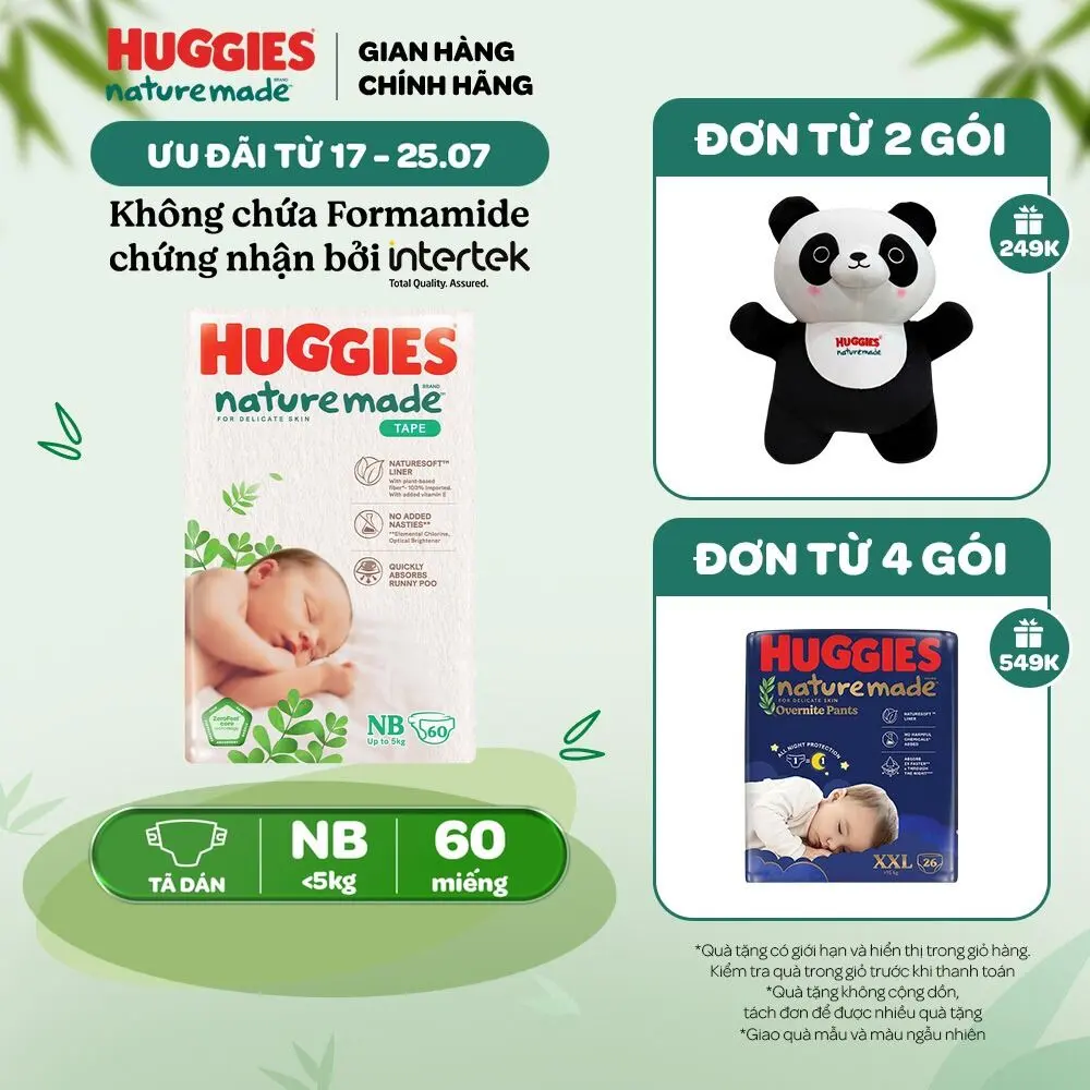 Tã/Bỉm dán sơ sinh Huggies NatureMade Size NB60/S82/M64/L54/XL44