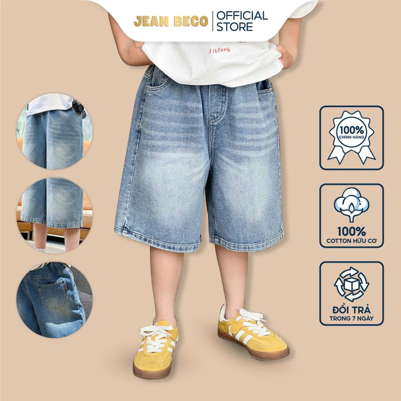 Quần short jeans lửng JEANBECO, Short lửng ống rộng unisex bé trai và bé gái phong cách hàn quốc từ 10-40kg QSJ-05