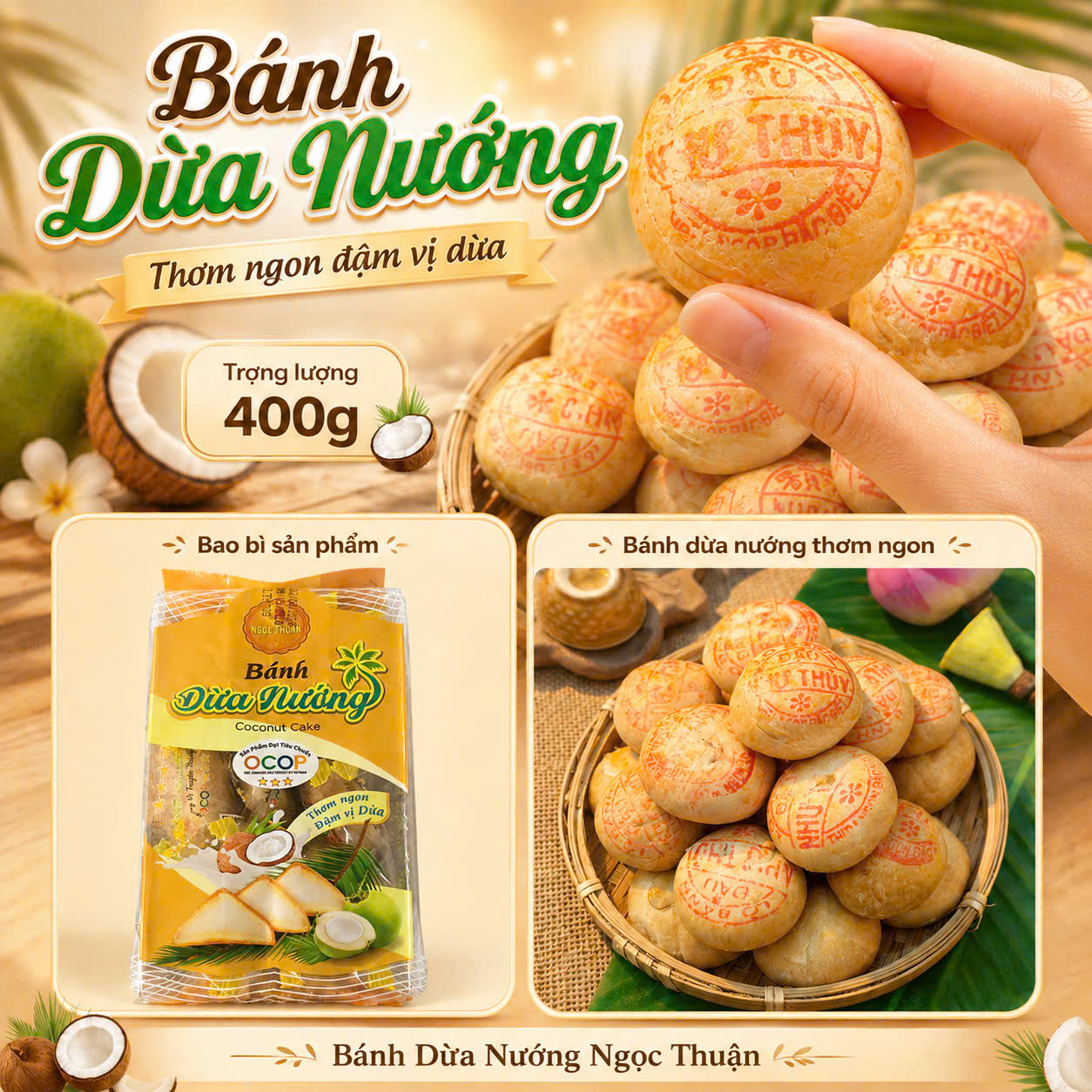 Bánh Dừa Nướng Sầu Riêng Ít Ngọt Mềm Dẻo Nhân Dừa Non Thơm B