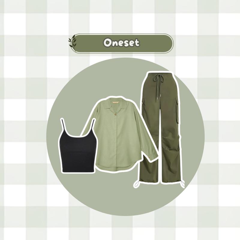 Oneset 3 in 1 Ootd Wanita Hijab Korean Style ( Kemeja Sage Green Celana Cargo Outfitset ) - AH43 Setelan Basic Casual Kombinasi Katun Panjang Loose Rayon Baju Formal Tangan Atasan Pendek Hitam Oversize 6