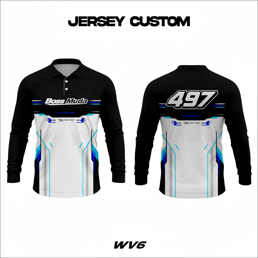 Jersey Racing Lengan Panjang Custom Desain dengan Kerah V Neck atau Polo Full Print Free Request Logo Nama Warna