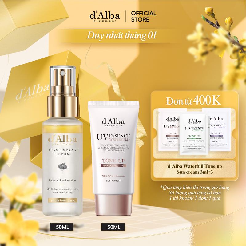  COMBO  Trải Nghiệm Chăm Sóc Và Bảo Vệ Da  Serum dạng xịt  First Spray  d'Alba White Truffle 50ml & Kem chống nắng d'Alba Waterfull Tone-Up Sun Cream 50ml  Skincare 