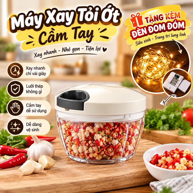 Set quà tặng đèn led và dụng cụ xay tỏi, ớt, hành rút dây mini- tiện lợi, dễ dùng, dễ vệ sinh