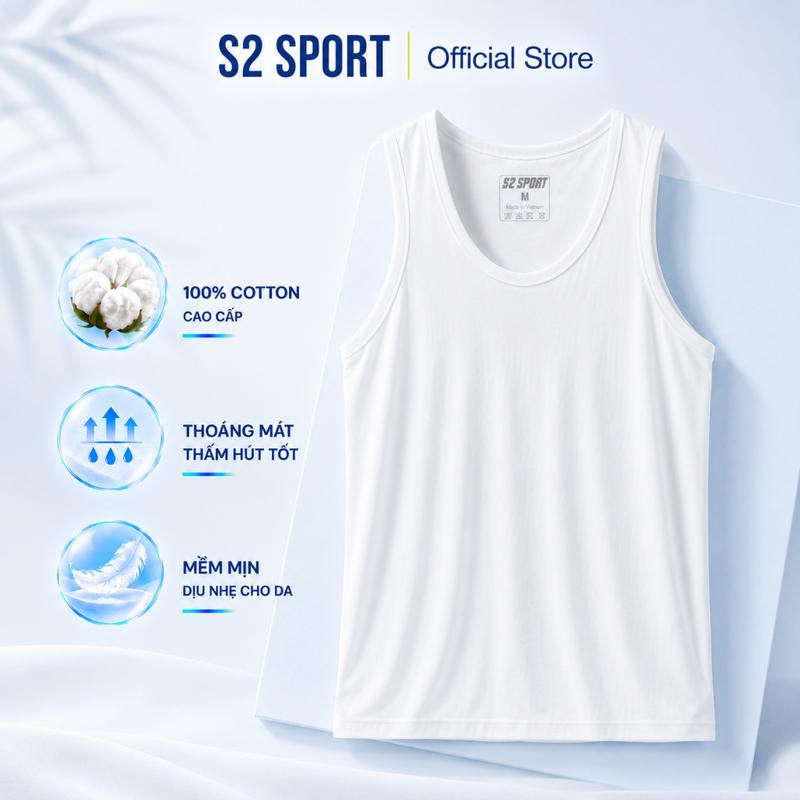 Áo ba lỗ thun nam trơn S2 SPORT áo sát nách trắng cotton premium co giãn thoáng