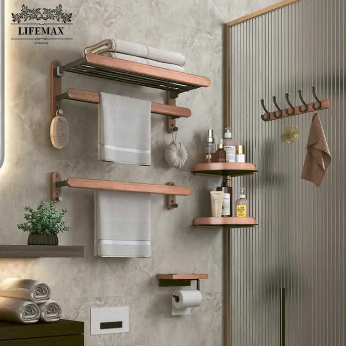 [SG Seller] Perforation-free solid wood bathroom towel rack storage rack Wall hanging room bath towel rack storage rack