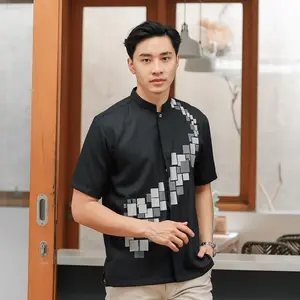 ALKINAN - Baju Koko bordir santri Lengan Pendek pria Dewasa Material katun Cotton madina bergaransi warna hitam abu biru Motif Muslim Nyaman Navy
