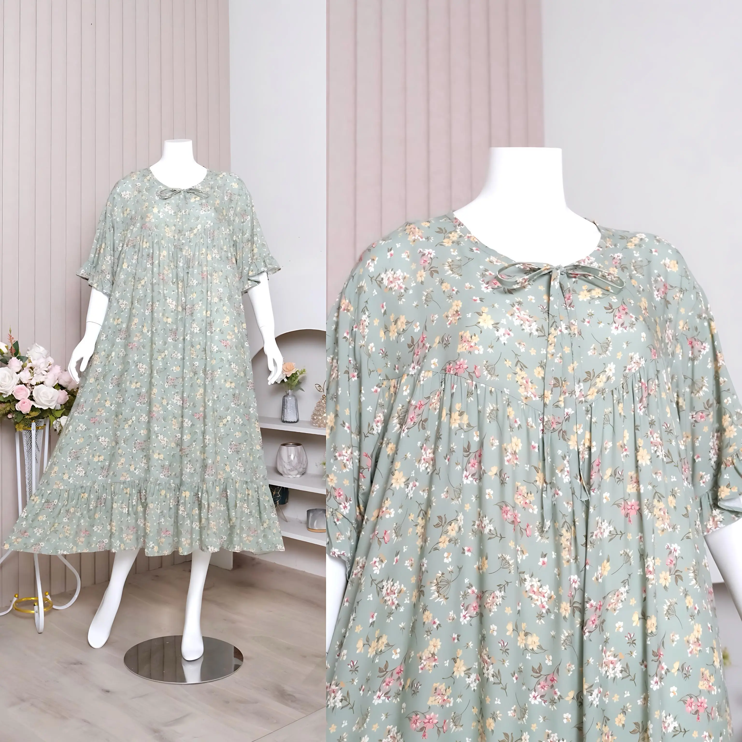 Wearing Delina-Daster Cantik Ruffle Panjang Shifa Series | Busui Bumil Ld 120