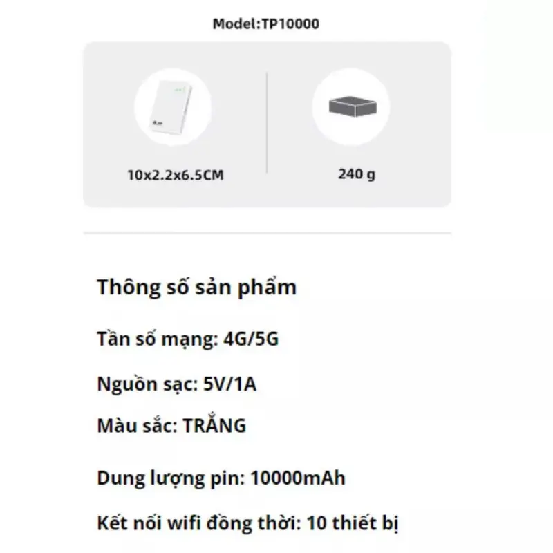 TP10000 - Bộ Phát WiFi 4G Từ SIM, Tích Hợp Sạc Dự Phòng 10000mAh, Bộ phát WiFi di động 4G/5G, Sạc dự phòng - 10000mAh,  WiFi 4G LTE 150Mbps, Cục phát WiFi từ SIM 4G/5G, Thiết bị phát WiFi đa năng, WiFi 4G/5G cầm tay 2