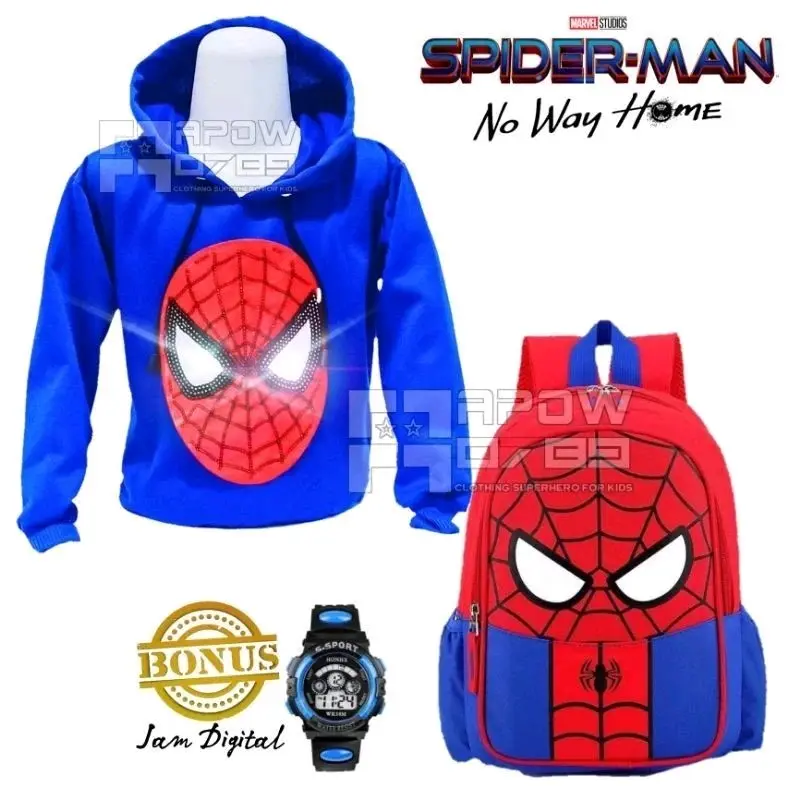 Tas sekolah anak laki laki sweater hoodie bisa nyala dan jam tangan sport Paket 3in1 1