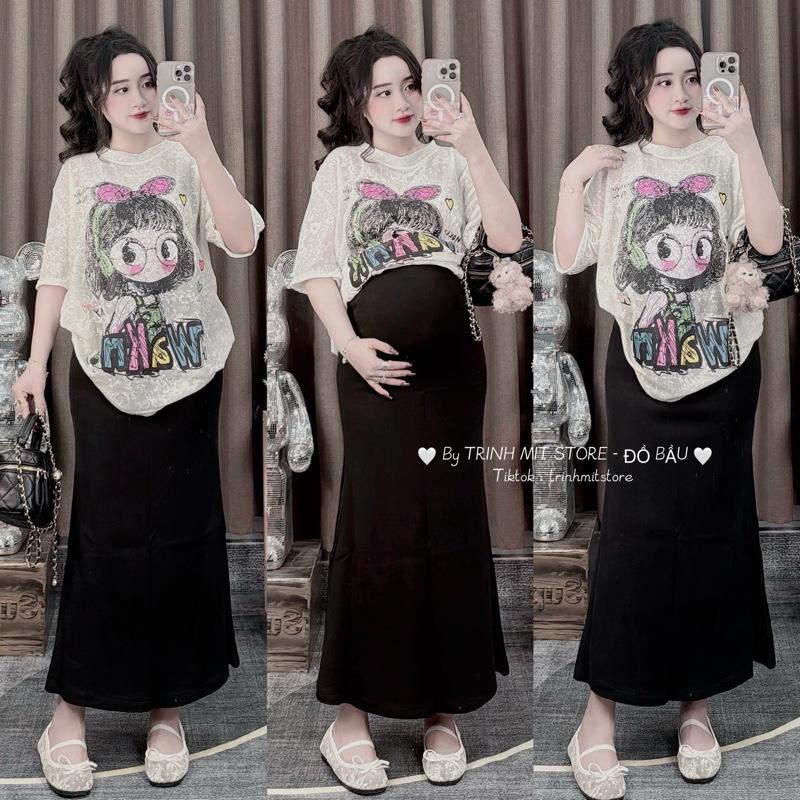 (TRINH MIT) Chân Váy Dáng Đuôi Cá Bầu & Áo Phông Ren Mềm Hình Cô Gái