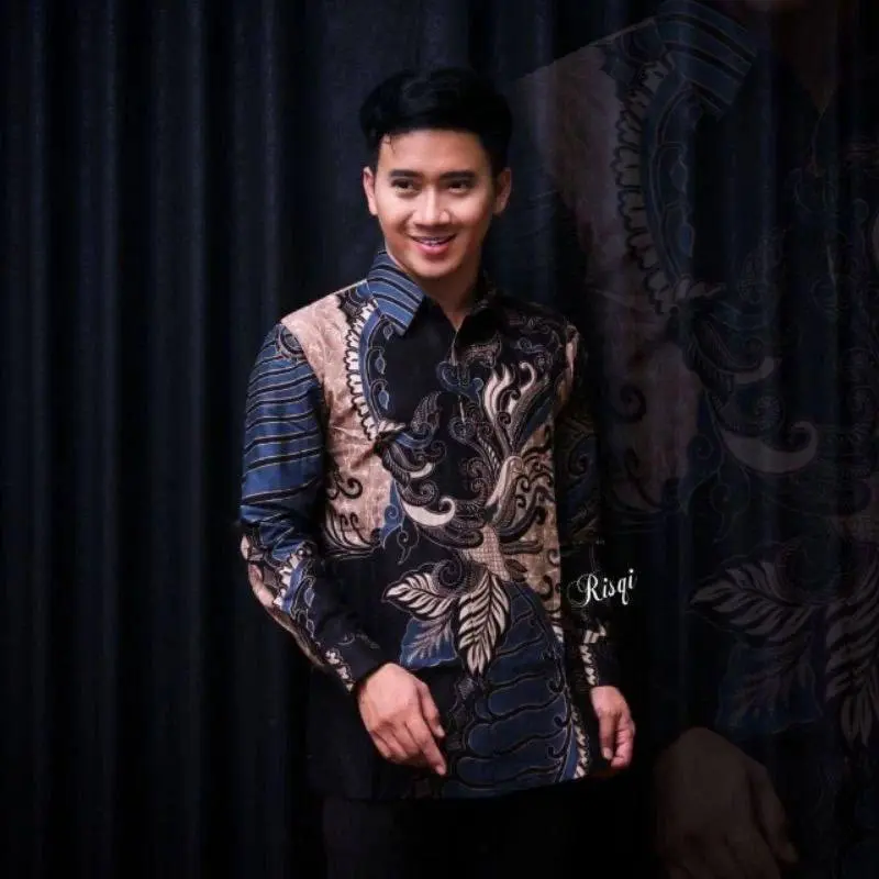 Kemeja Batik Pria Motif Terbaru Katun Poli Lengan Panjang Baju Hitam Dewasa Seragam Kerja elegan cuci kering Slimfit