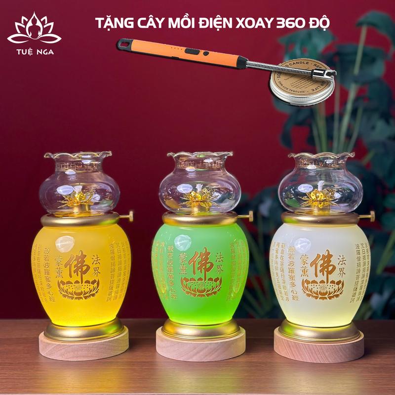    TẶNG CHÂM ĐÈN   Đèn Dầu Tâm Kinh Chữ Phật Bình Ngọc Cao 19cm - Tuệ Nga 