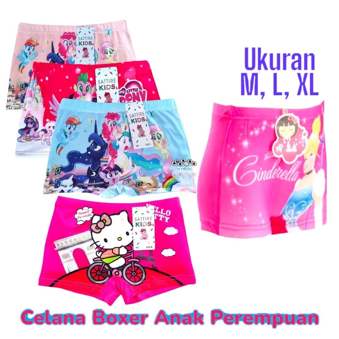 6 Pcs Celana Boxer Satire Anak Balita Perempuan 1-5 Tahun Celana Dalam Boxer Anak Cewek Little Pony Frozen Hello Kitty Ukuran M,L,XL Fashion