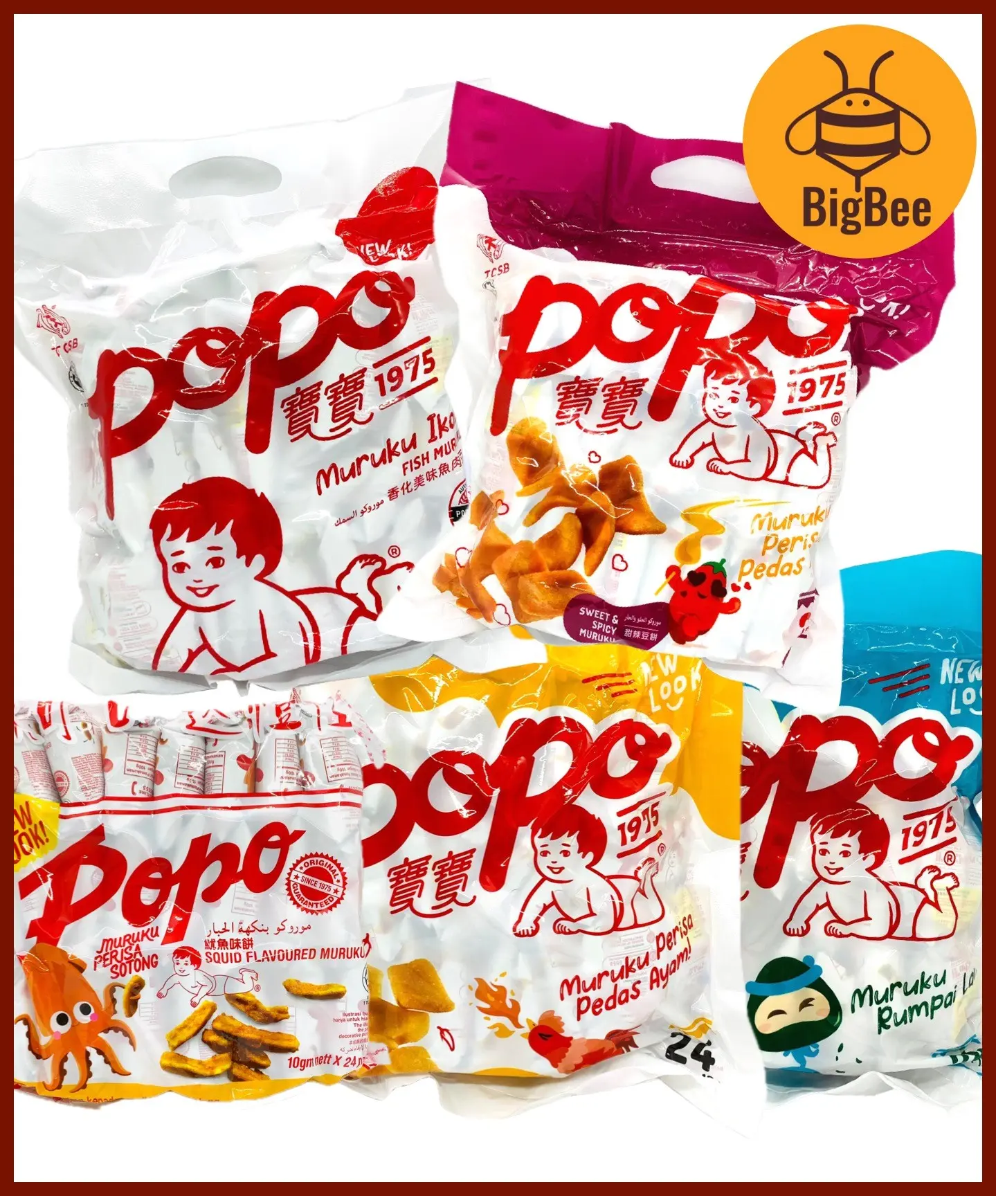 [Bundle of 2pkts] PoPo Fish Muruku - 24pkts Original 12g / Sweet & Spicy 12g / Spicy Chicken 12g / Seaweed 12g / Squid 10g / Shandong Peanuts12g Popo Muruku Ikan