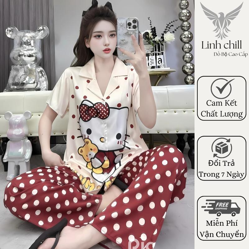 Linh Chill STORE Đồ Tones Nữ Mặc Ở Nhà Pyjama Cộc Dài Chất Lụa Cát Màu Vàng Kem Cá Tính Nổi Bật Full Size 40-68kg Chất Lụa Mềm Mịn Đổi Trả Trong 7 Ngày Miễn Phí Vận Chuyển