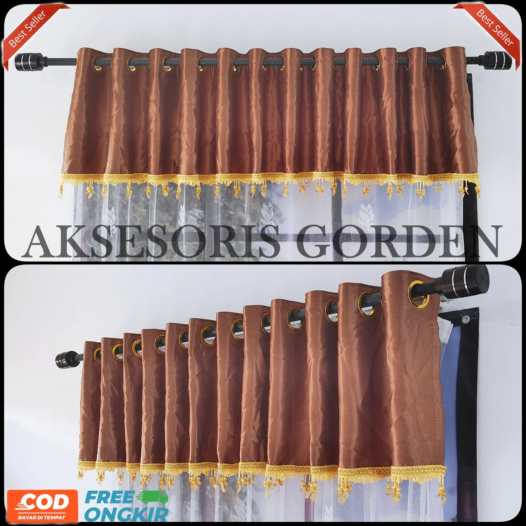 Gorden Poni Renda Pisah Atas Pintu Kain Mewah Blackout Model Smokring Tinggi 40cm