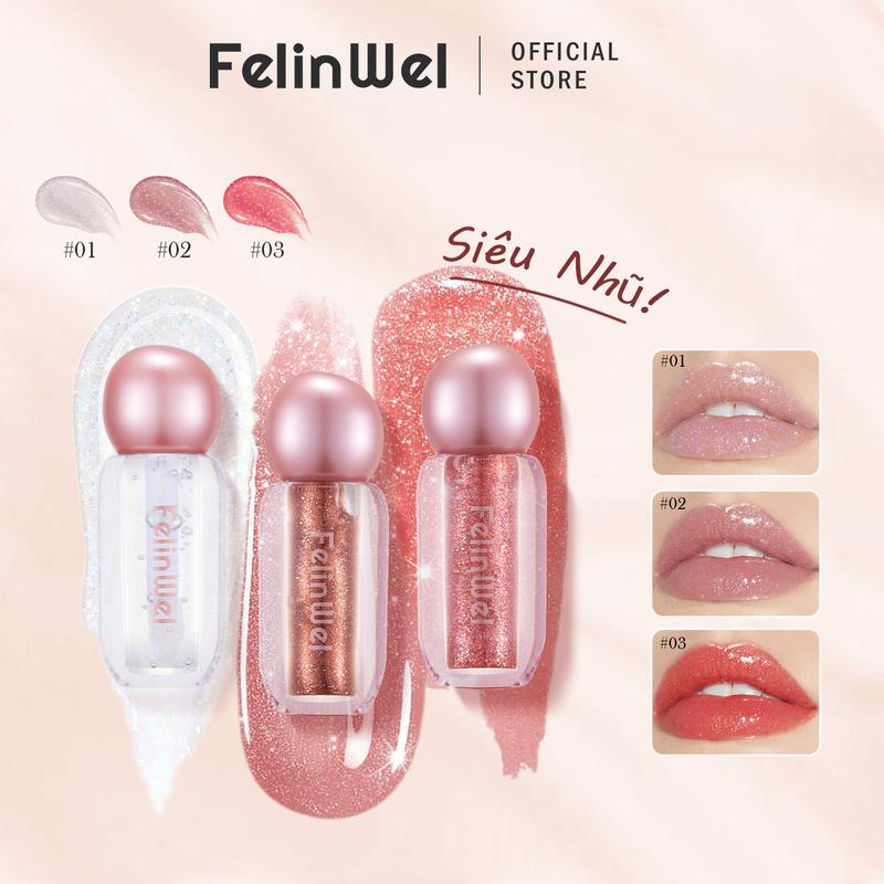 FelinWel - Son tint bóng nhũ siêu lấp lánh tỏa sáng và nuôi dưỡng thành phần tự nhiên công thức có thể pha trộn đa chức năng có sẵn 3 màu