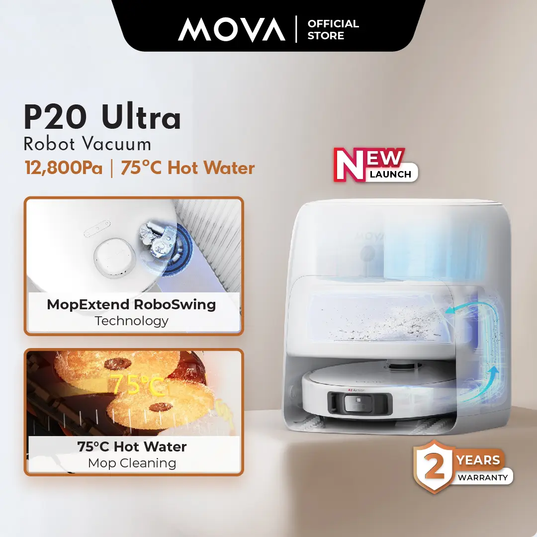 MOVA Robot Vacuum Cleaner P20 Ultra | 75°C Hot Water Mop Cleaning​ | 12,800Pa | 2 Years Local Warranty